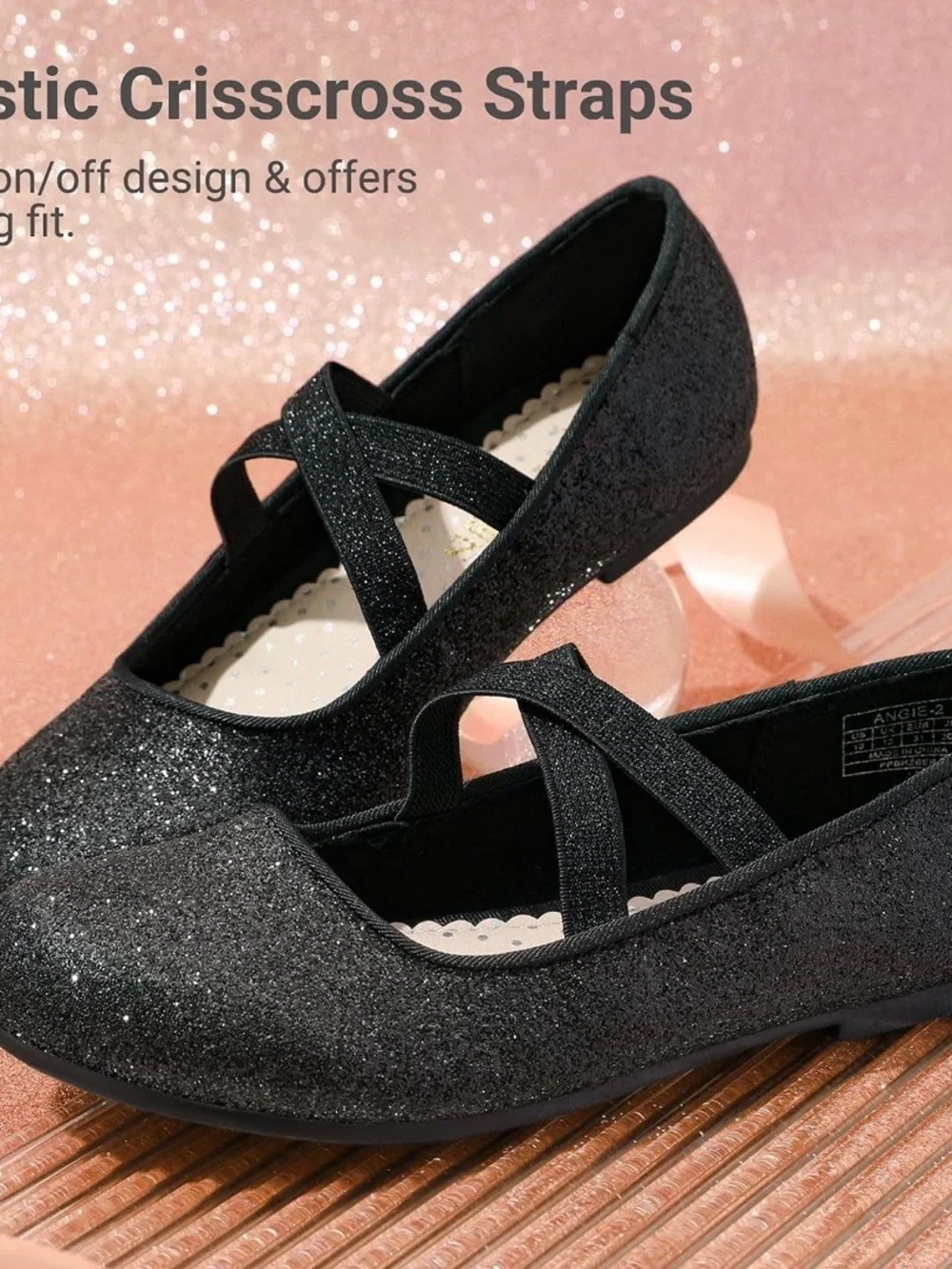 Dream Pairs Girls Black Glitter Cross-Strap Mary Jane Flats